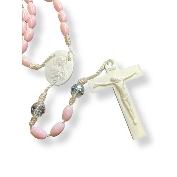 Pink Plastic Rosary Beads on White Cord - Pre-Loved - Picture 2 of 3